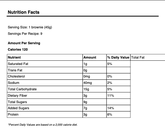 Nutrition Facts panel Cosmic Brownie on plate showing 270 calories